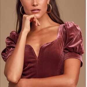 NEW Lulus Burgundy Velvet Puff Sleeve Dress